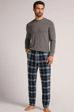 Bas de pyjama en toile de coton brossÉe imprimÉ à carreaux noir bleu clair