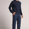 Bas de pyjama en toile de coton brossÉe imprimÉ à carreaux bleu denim