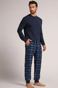 Bas de pyjama en toile de coton brossÉe imprimÉ à carreaux bleu denim