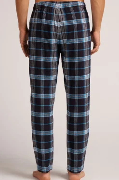 Bas de pyjama en toile de coton brossÉe imprimÉ à carreaux noir bleu clair