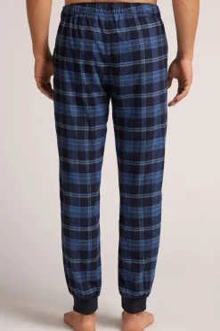 Bas de pyjama en toile de coton brossÉe imprimÉ à carreaux bleu denim