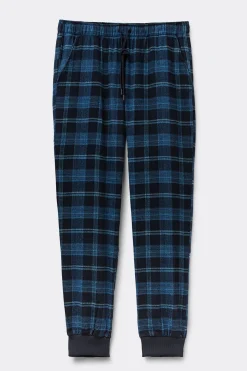 Bas de pyjama en toile de coton brossÉe imprimÉ à carreaux bleu denim