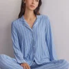 Haut de pyjama en modal ouvert devant Oxford à rayures