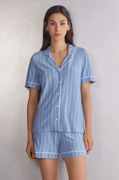 Haut de pyjama manches courtes en modal ouvert devant Oxford à rayures
