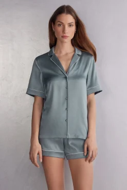 Haut de pyjama manches courtes en soie coupe homme