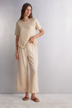 Pantalon long avec cordon de serrage en toile de lin