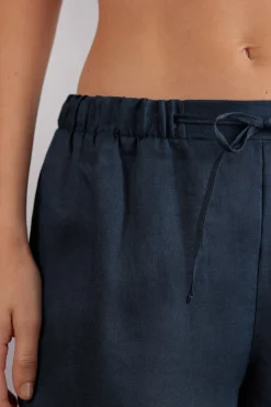 Pantalon long avec cordon de serrage en toile de lin