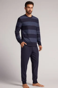 Set de pyjama long en tricot à rayures bleues