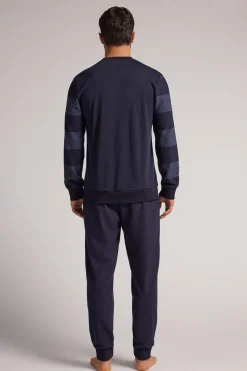 Set de pyjama long en tricot à rayures bleues