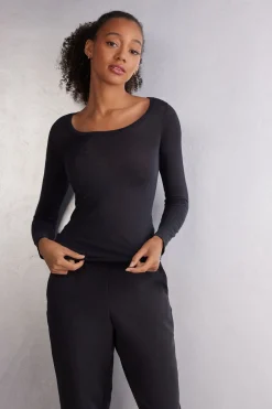 T-shirt manches longues en modal ultralight avec cachemire encolure arrondie large