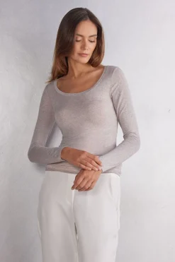 T-shirt manches longues en modal ultralight avec cachemire encolure arrondie large