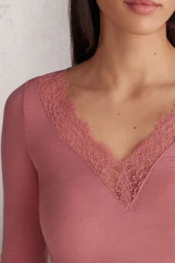 T-shirt manches longues en cachemire et dentelle