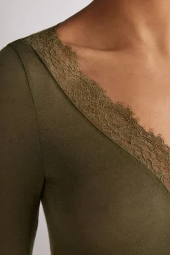 T-shirt manches longues en cachemire et dentelle