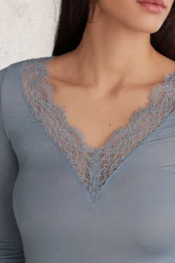 T-shirt manches longues en cachemire et dentelle