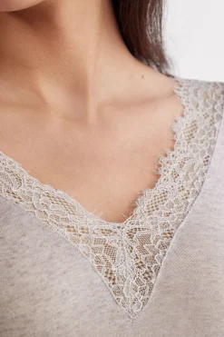 T-shirt manches longues en cachemire et dentelle