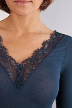 T-shirt manches longues en cachemire et dentelle