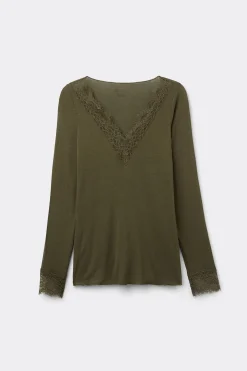 T-shirt manches longues en cachemire et dentelle