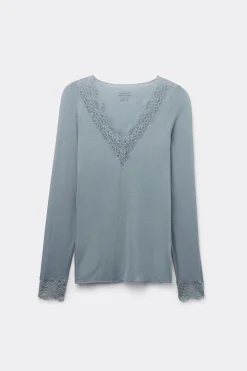 T-shirt manches longues en cachemire et dentelle