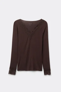 T-shirt manches longues en cachemire et dentelle