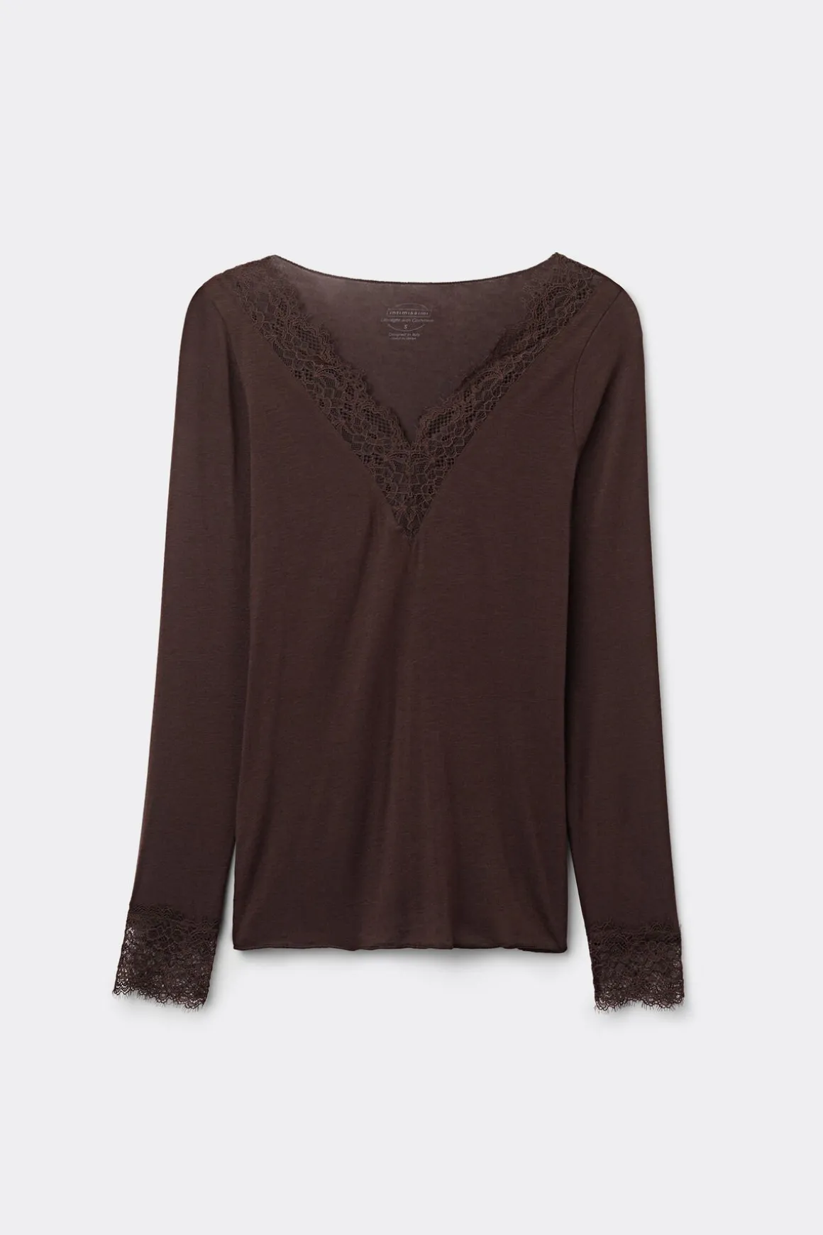 T-shirt manches longues en cachemire et dentelle