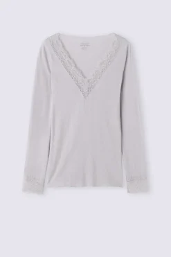 T-shirt manches longues en cachemire et dentelle