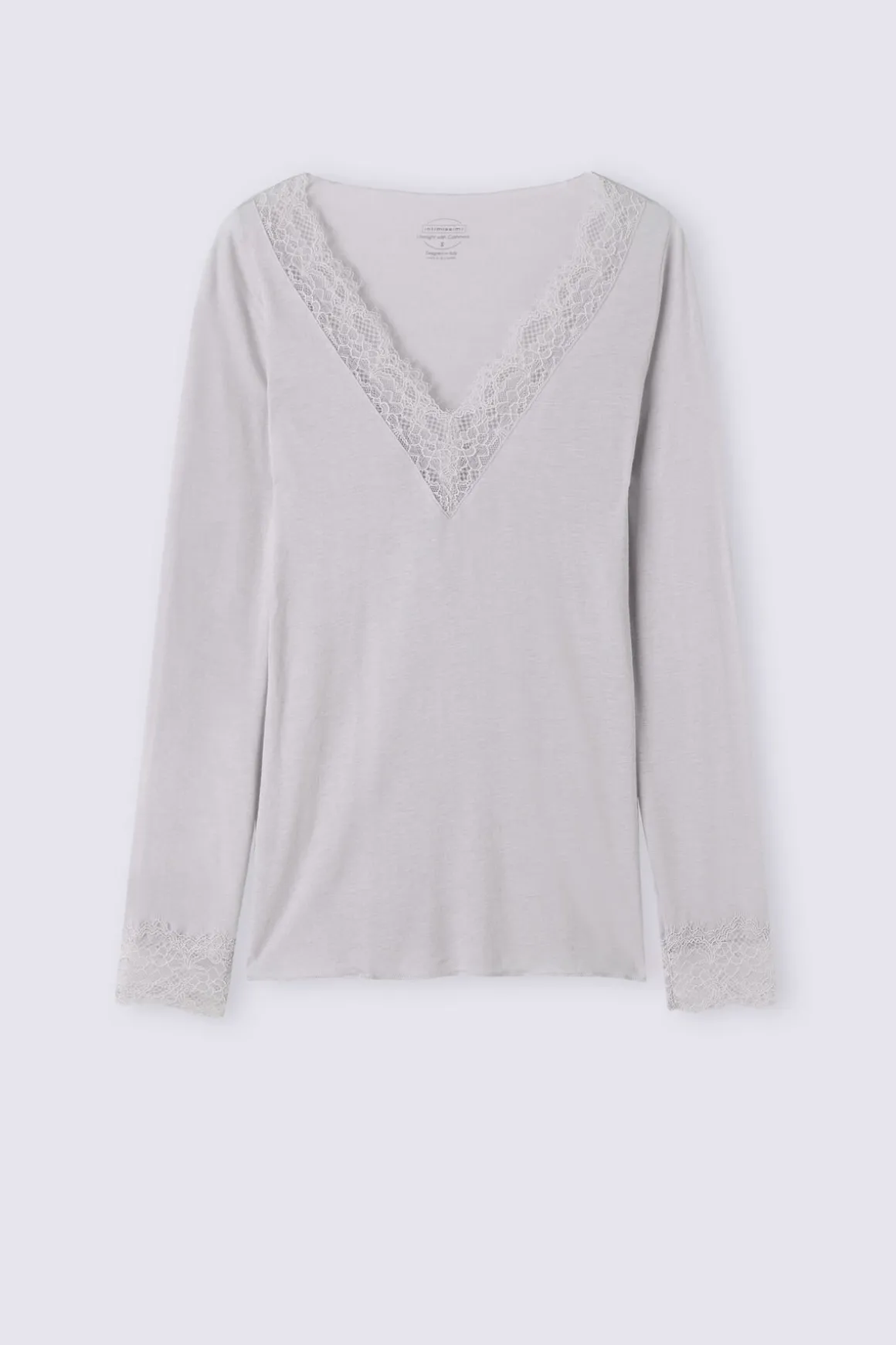 T-shirt manches longues en cachemire et dentelle