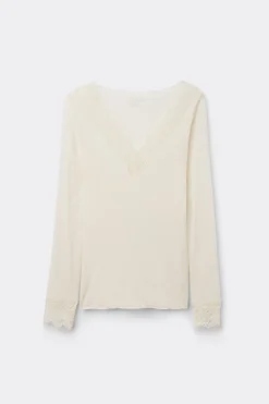 T-shirt manches longues en cachemire et dentelle